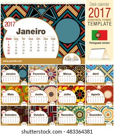 Desk triangle calendar 2017 template with native rosettes design. Size: 210mm x 150mm. Format horizontal. Vector image. Portuguese version