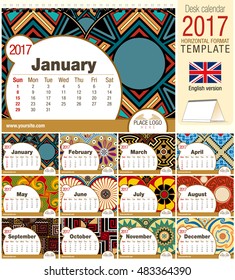 Desk triangle calendar 2017 template with native rosettes design. Size: 210mm x 150mm. Format horizontal. Vector image. English version