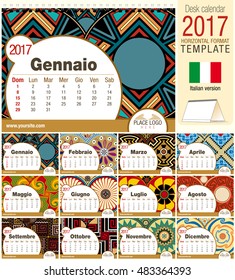 Desk triangle calendar 2017 template with native rosettes design. Size: 210mm x 150mm. Format horizontal. Vector image. Italian version