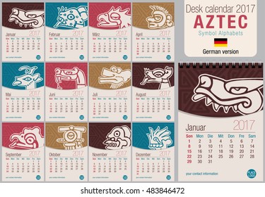 Desk triangle calendar 2017 template with Aztec symbols design. Size: 150mm x 210mm. Format vertical. Vector image. German version