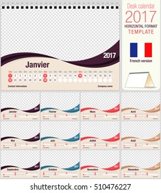 Desk triangle calendar 2017 template. Size: 210mm x 150mm. Format A5.  Vector image. French version