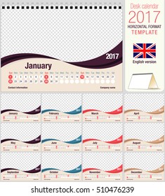 Desk triangle calendar 2017 template. Size: 210mm x 150mm. Format A5. Vector image. English version
