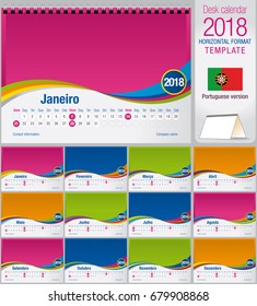 Desk triangle calendar 2018 colorful template. Size: 210mm x 150mm. Format A5.  Vector image. Portuguese version