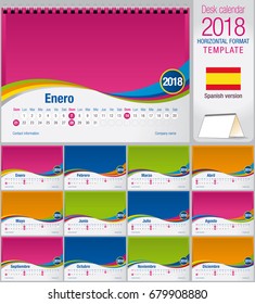 Desk triangle calendar 2018 colorful template. Size: 210mm x 150mm. Format A5.  Vector image. Spanish version