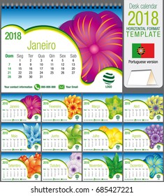 Desk triangle calendar 2018 template with abstract floral design. Size: 21 cm x 15 cm. Format A5. Vector image. Portuguese version