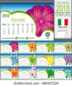 Desk triangle calendar 2018 template with abstract floral design. Size: 21 cm x 15 cm. Format A5. Vector image. Italian version