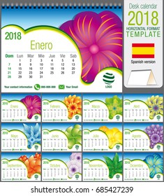 Desk triangle calendar 2018 template with abstract floral design. Size: 21 cm x 15 cm. Format A5. Vector image. Spanish version
