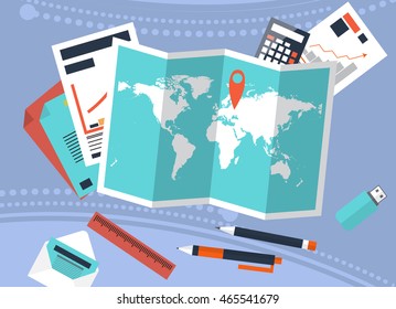 Desk with trip planning and calculation of costs. Graphs, accounting. Vector illustration