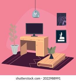 desk and tv room scene