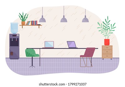 Desk, two laptops, green and pink chairs, tiled floor, office cupboard with drawers, lush potted plant, water cooler, bookshelf, flower, ceiling light shades. Office room, shapeless frame, on white