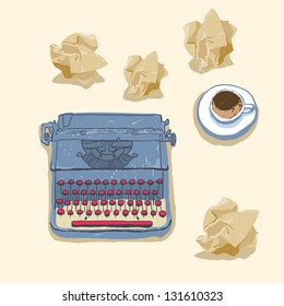 Desk with typewriter, paper and a cup coffee or tea