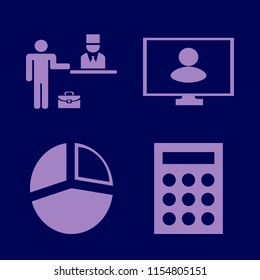 desk vector icons set. with calculator, person monitor, check in hotel and pie chart in set