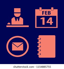 desk vector icons set. with envelope, notebook, hotel reception and calendar february in set