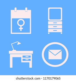 desk vector icons set. with lamp on desk, dresser mirror, march calendar and envelope in set