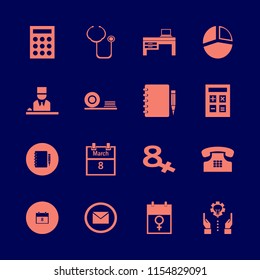 desk vector icons set. with march calendar, plates shelf, technology progress and home phone in set