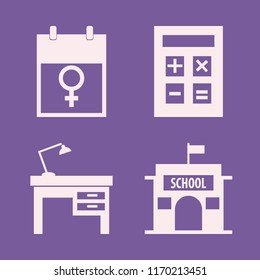 desk vector icons set. with march calendar, lamp on desk, calculator and school in set
