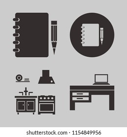 desk vector icons set. with notebook pencil, laptop desk and kitchen in set