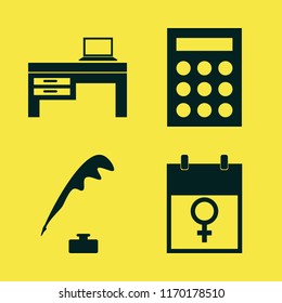 desk vector icons set. with pen ink, calculator, laptop desk and march calendar in set
