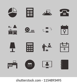 desk vector icons set. with present new idea, home phone, pie chart and notebook in set