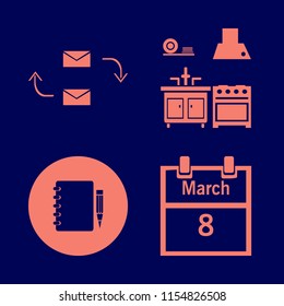 desk vector icons set. with response letter, notebook pencil, kitchen and march calendar in set