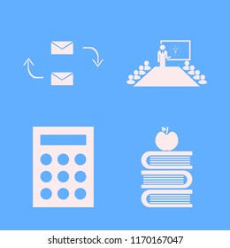 desk vector icons set. with response letter, books and apple, calculator and present new idea in set
