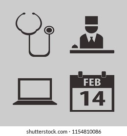 desk vector icons set. with stethoscope, hotel reception, laptop and calendar february in set