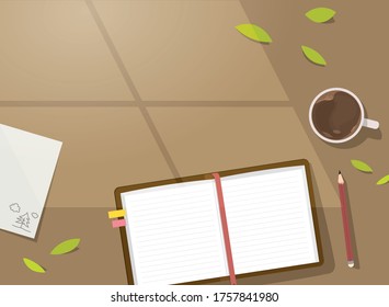 The desk view from above. Diary, coffee cup, pencil illustration.