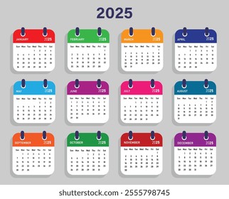 Desk and Wall Calendar 2025 ,12 Months of the Year ,Monthly Calendar Templates.