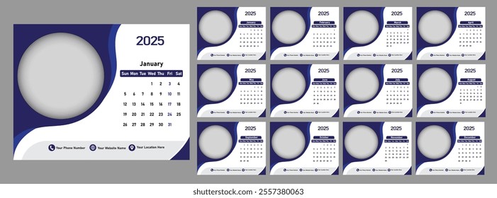 Desk and Wall Calendar 2025 ,12 Months of the Year ,Monthly Calendar Templates.