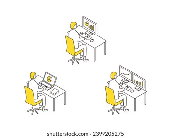 desk work. business person using a laptop computer and dual monitors. Isometric illustration set.