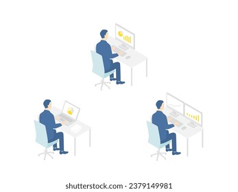 desk work. businessman using a laptop computer and dual monitors. Isometric illustration set.