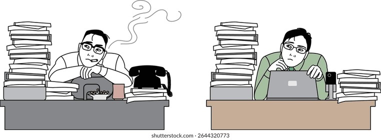 Desk work salaryman of Showa era and businessman of Reiwa era. Vector illustration of a Japanese man tired from work