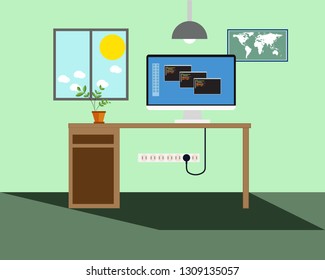 Desk work space computer screen flat design vector design. 