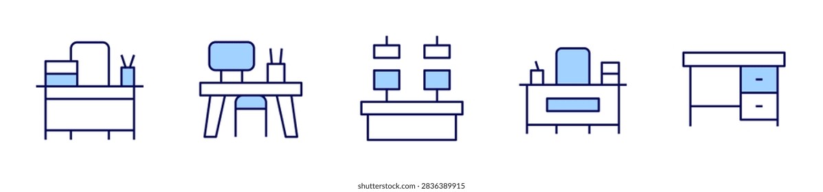 desk, workdesk. Desk Icon vector illustration. Line Duotone style. Editable stroke