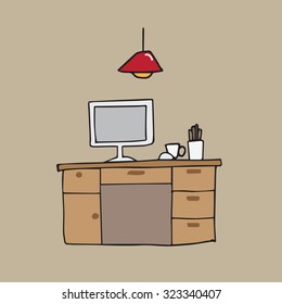 Desk working space cartoon drawing