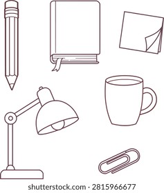 Desk workplace essentials set outline vector icon line art.