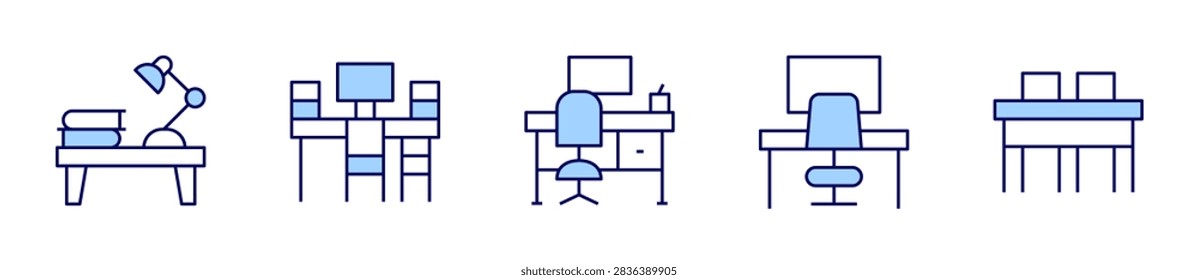 desk, workplace, worktable. Desk Icon vector illustration. Line Duotone style. Editable stroke