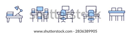 desk, workplace, worktable. Desk Icon vector illustration. Line Duotone style. Editable stroke