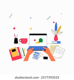 Desk Workspace With Laptop And Notebooks In Flat Vector Illustration Symbolizing Online Job, Digital Organization, And Remote Work, Isolated On White Background.