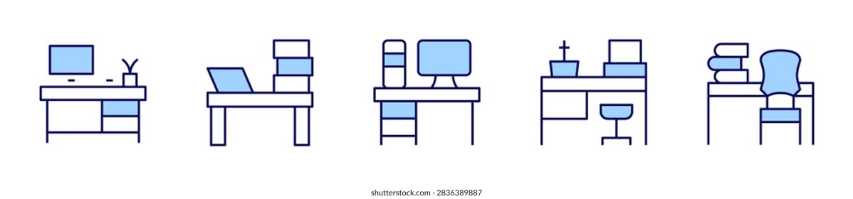 desk, worktable, workspace, table. Desk Icon vector illustration. Line Duotone style. Editable stroke