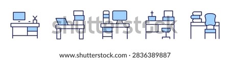 desk, worktable, workspace, table. Desk Icon vector illustration. Line Duotone style. Editable stroke