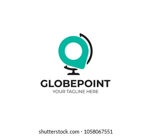 Desk world globe and pin point logo template. Desktop earth globe and location sign vector design. 