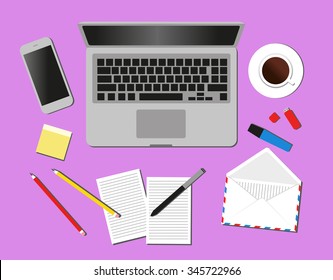Desks laptop screen vector illustration of business people Top View angle above the office
