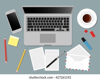 Desks laptop screen vector illustration of business people Top View angle above the office