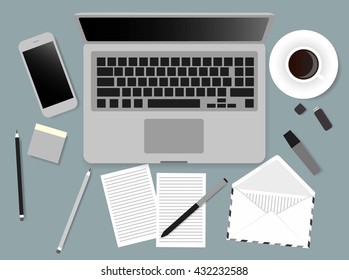 Desks laptop screen vector illustration of business people Top View angle above the office