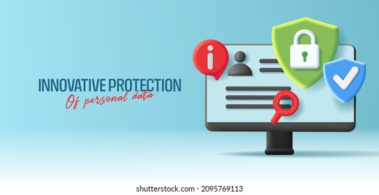 Desktop 3d illustration with cyber protection symbols of shield with padlock, info nitification and magnifying glass, web banner