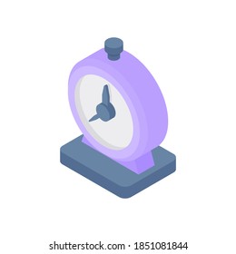 Desktop alarm clock, isometric icon. Purple round watch with white dial. Classic retro symbol time mechanical and electronic filling. Business deadline, creative work vector illustration.