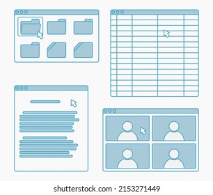 desktop app window set sheet report video conference folder vector flat illustration