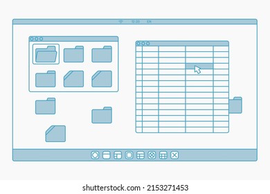 desktop app window set sheet report video conference folder vector flat illustration