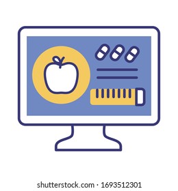 desktop with apple and tape measure health online line style vector illustration design